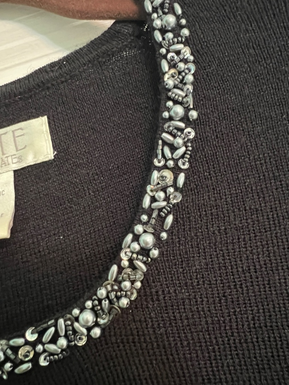 Seed Pearl Bead-Detailed Black Crewneck Sweater, L